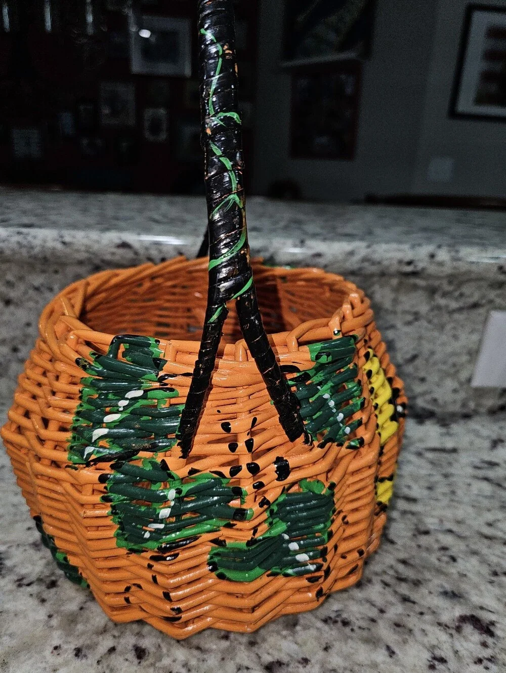 Hand Painted Pumpkin Jack-O-Lantern Basket Spider & Leaves